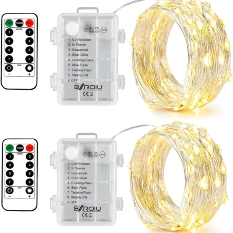Pack of 2 battery fairy lights with remote and timer, 5 m each