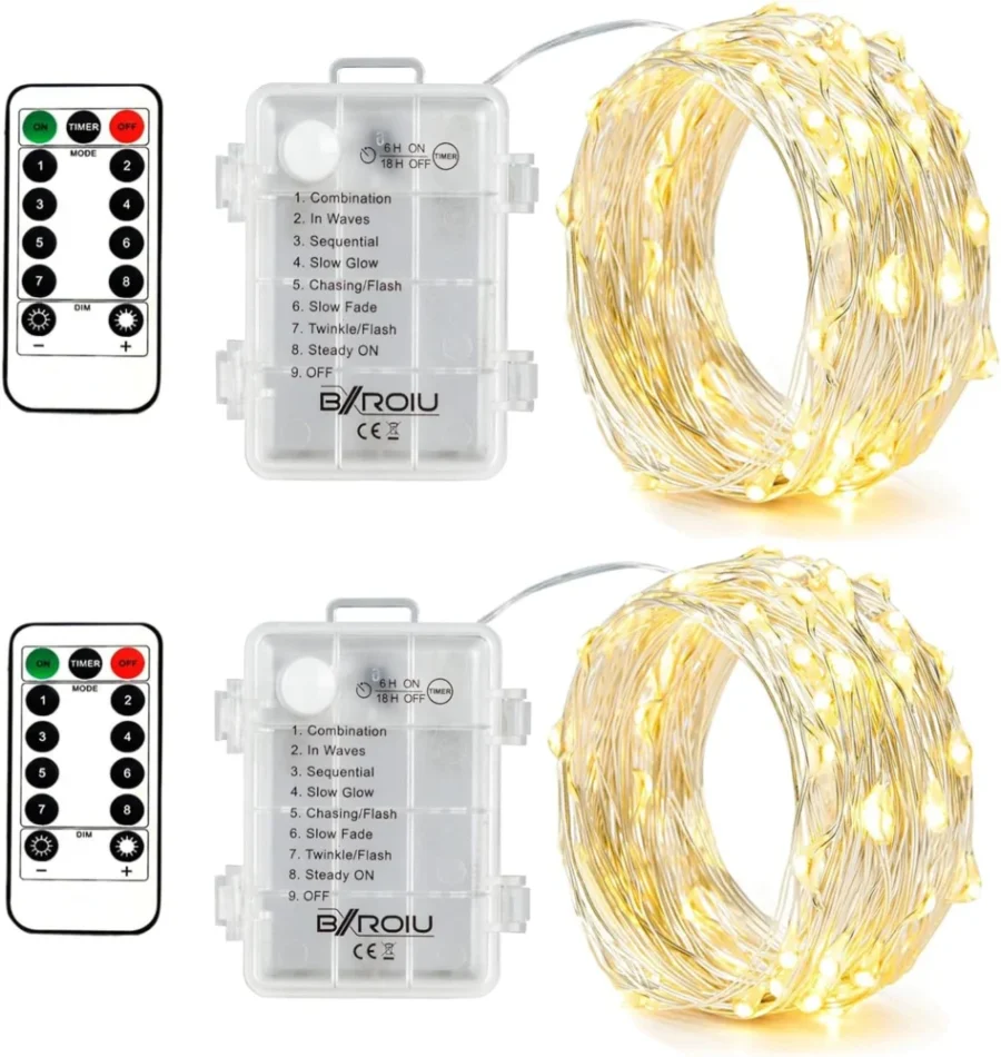 Pack of 2 battery fairy lights with remote and timer, 5 m each