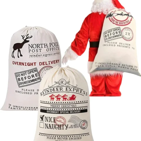 Pack of 2 cotton canvas Santa sacks, 70 x 50 cm, with gift tags