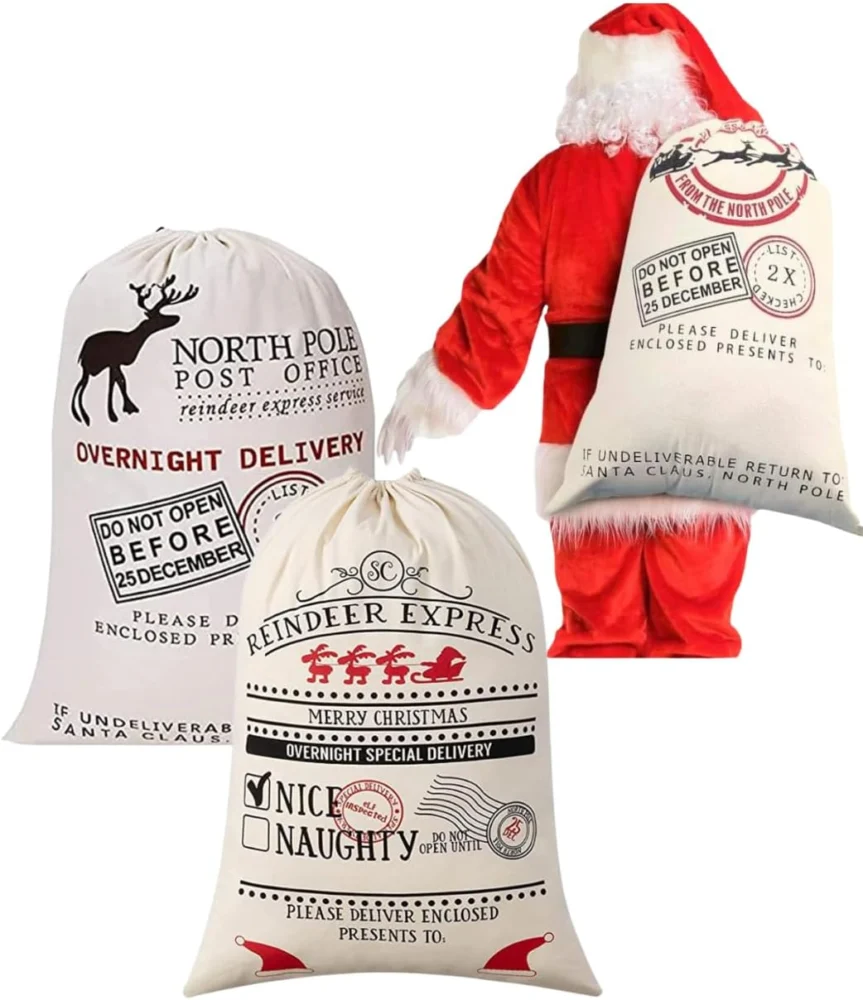 Pack of 2 cotton canvas Santa sacks, 70 x 50 cm, with gift tags