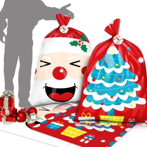 Pack of 2 jumbo red plastic Santa sacks with tags, 142 x 92 cm