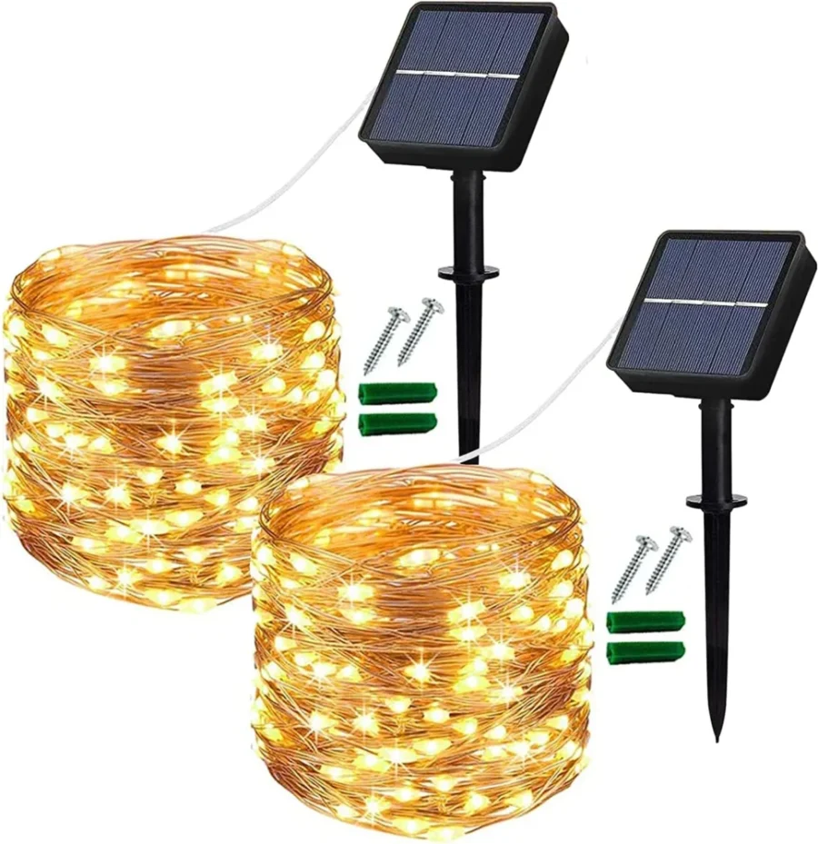 Pack of 2 solar fairy lights, 120 warm white LEDs each, 12 m