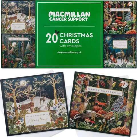 Pack of 20 boxed charity Christmas cards, festive forests, 12.7 cm