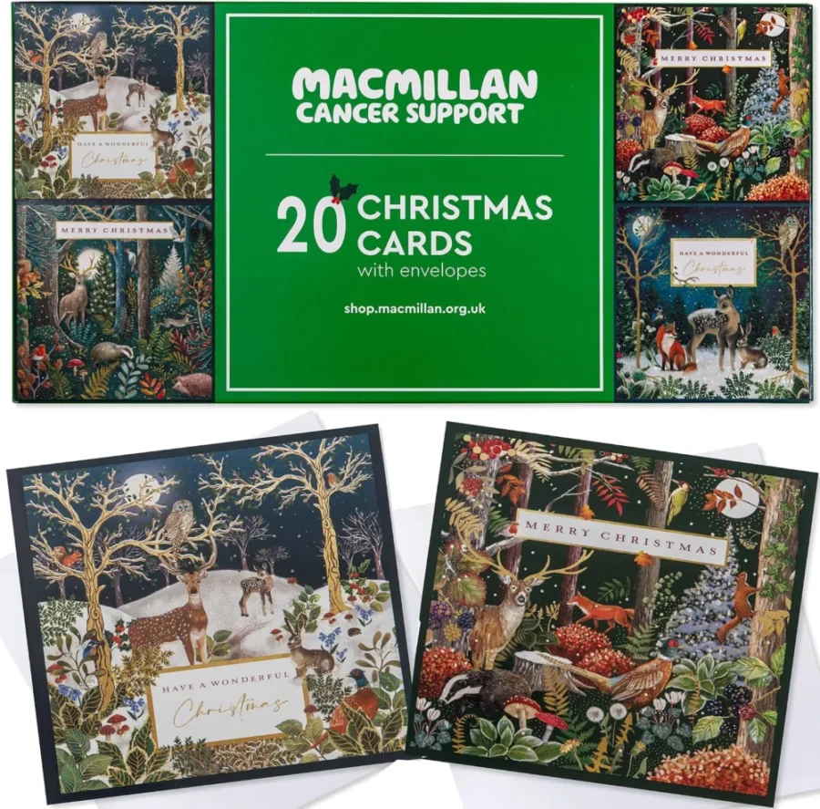 Pack of 20 boxed charity Christmas cards, festive forests, 12.7 cm