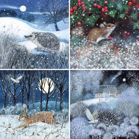 Pack of 20 Christmas cards with hedgehog, owl and hare, 12.3 cm