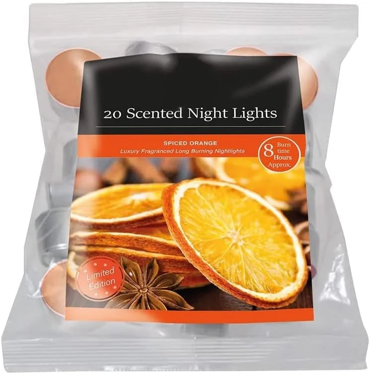 Pack of 20 spiced orange scented tealights, 8 hour burn time
