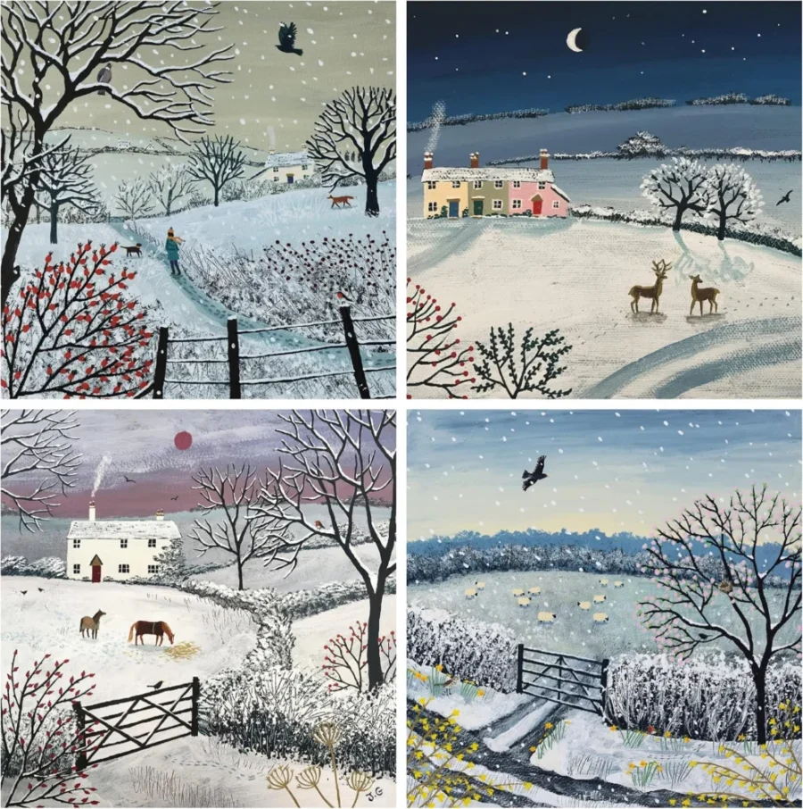 Pack of 24 charity Christmas cards, 4 winter designs, 15 x 15 cm