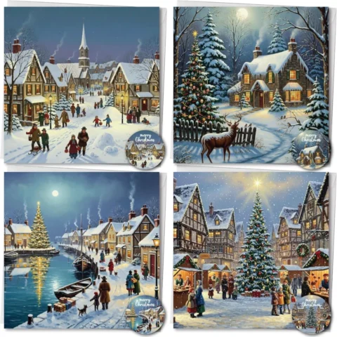 Pack of 24 charity Christmas cards with 4 house designs, 12.5 cm