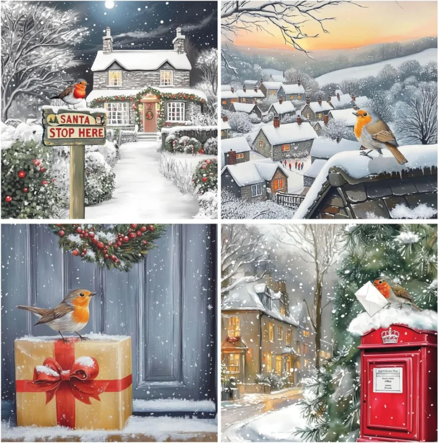 Pack of 24 robin Christmas cards in 4 designs, 15 x 15 cm