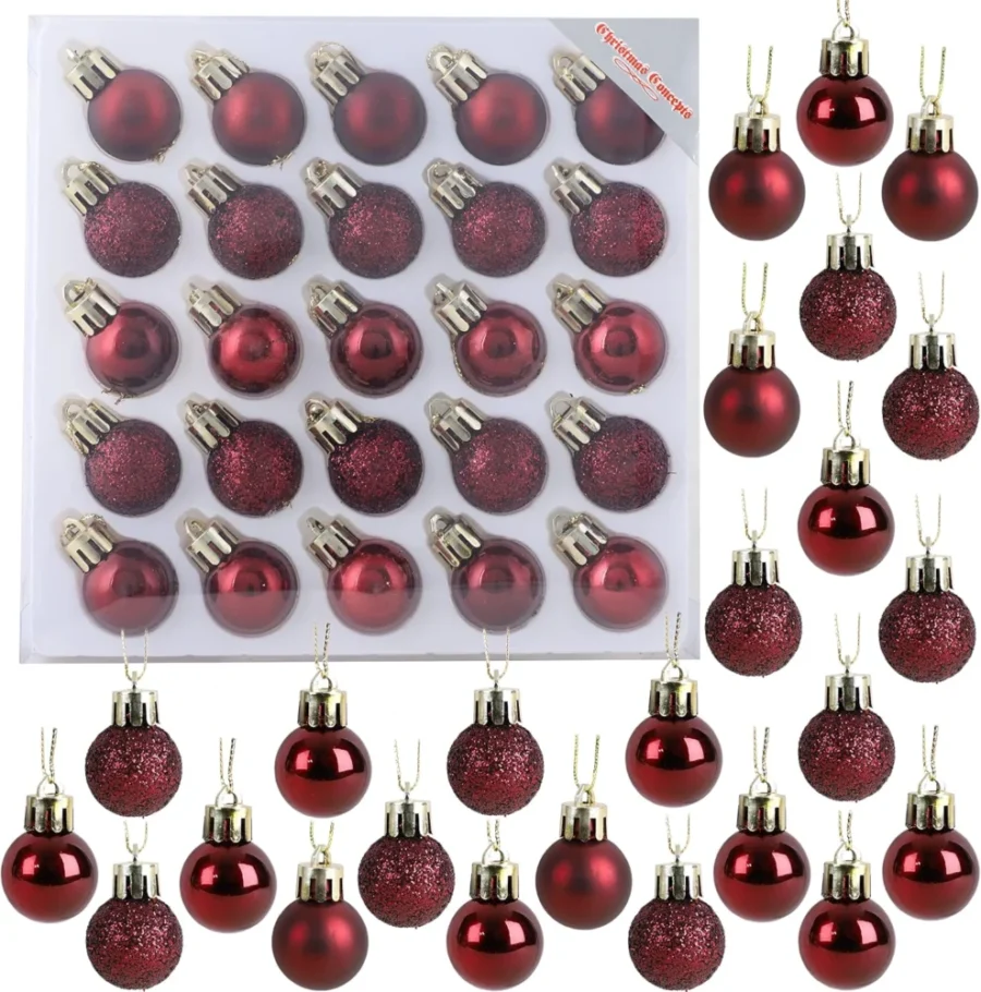 Pack of 25 mini shatterproof baubles in Rioja red, 2.5 cm