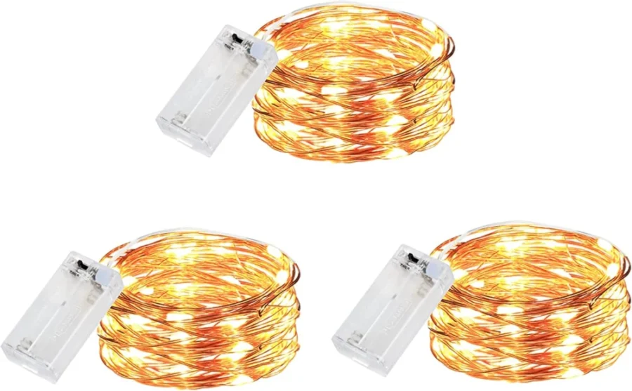 Pack of 3 battery fairy lights, 30 LEDs on 3 m wire each, timer