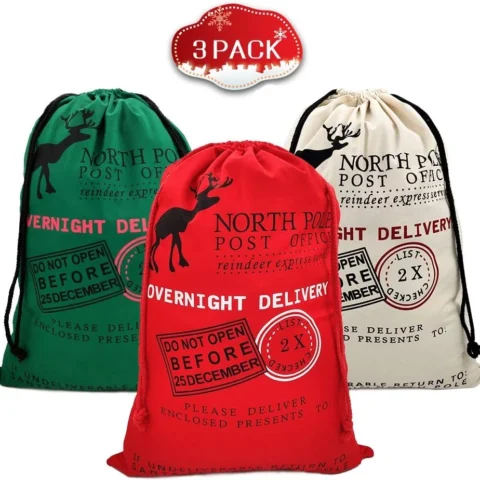 Pack of 3 cotton canvas Santa sacks with drawstrings, 70 x 50 cm