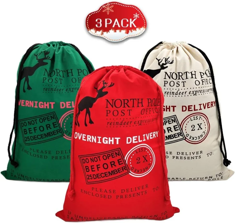 Pack of 3 cotton canvas Santa sacks with drawstrings, 70 x 50 cm