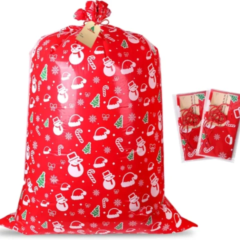 Pack of 3 extra large red plastic Christmas sacks, 91 x 142 cm