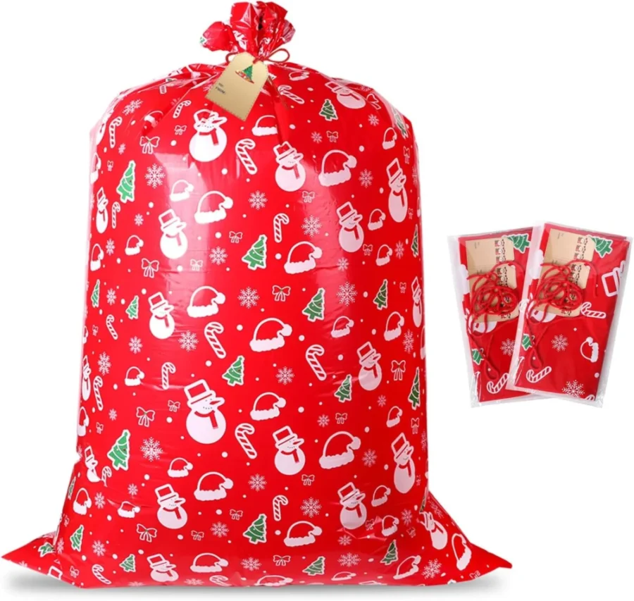 Pack of 3 extra large red plastic Christmas sacks, 91 x 142 cm