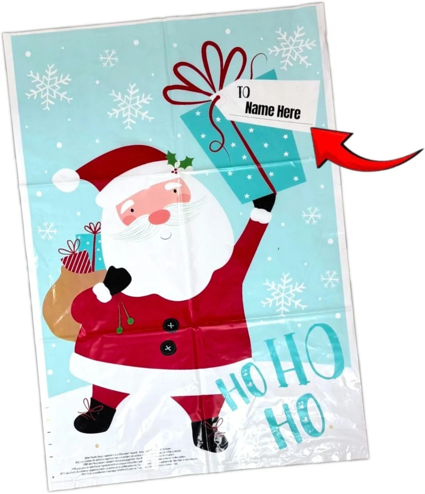 Pack of 3 giant printed PVC Santa sacks with drawstring, 76 x 51 cm