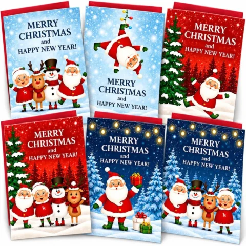 Pack of 30 boxed cartoon Santa Christmas cards, 10.5 x 14.8 cm