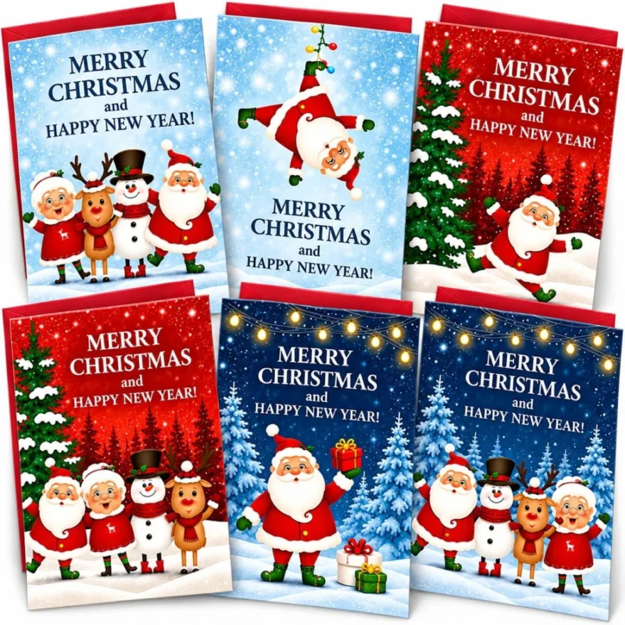Pack of 30 boxed cartoon Santa Christmas cards, 10.5 x 14.8 cm