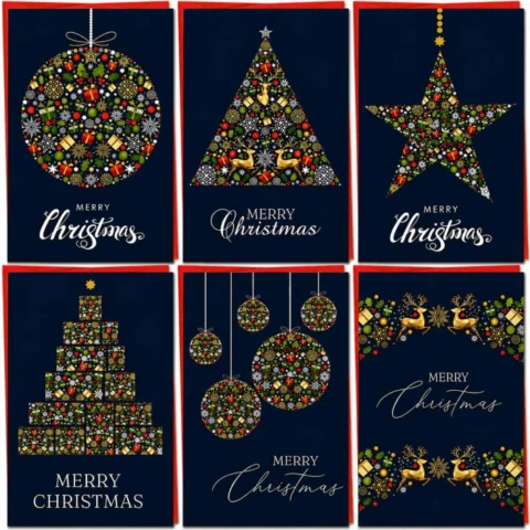 Pack of 30 Christmas cards with gold tree, star and bauble designs