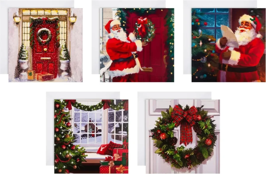 Pack of 30 vintage-style Christmas cards, 5 designs, 16 x 16 cm