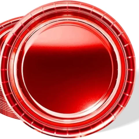 Pack of 32 shiny metallic red paper plates, 18 cm (7 in) round