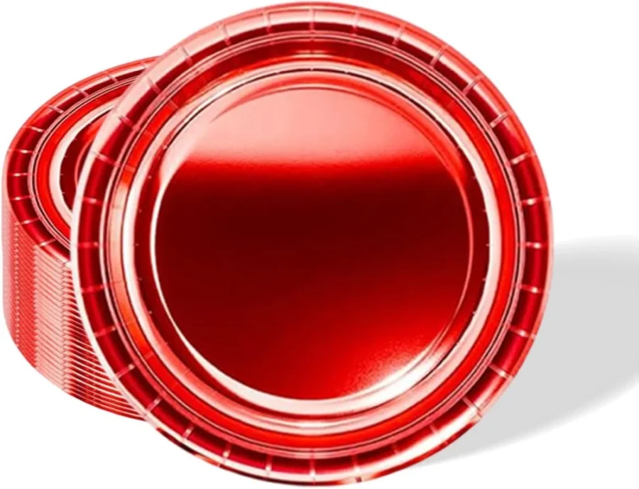 Pack of 32 shiny metallic red paper plates, 18 cm (7 in) round