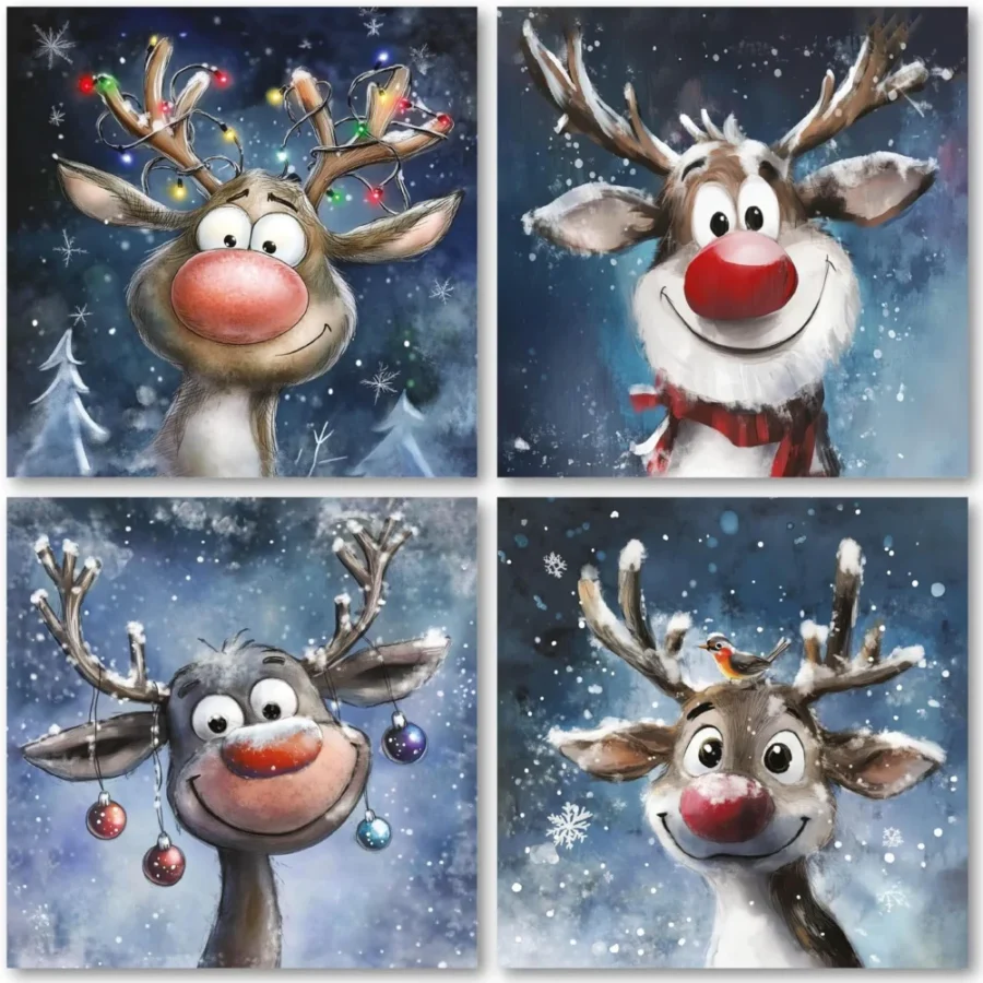 Pack of 32 small reindeer Christmas cards, 4 designs, 10 x 10 cm