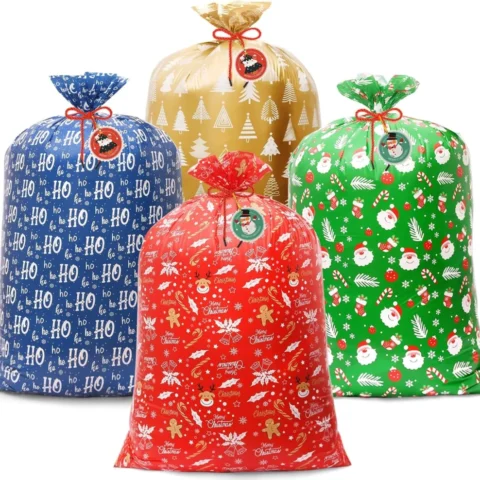 Pack of 4 jumbo plastic Christmas sacks with tags and 60 cm cords