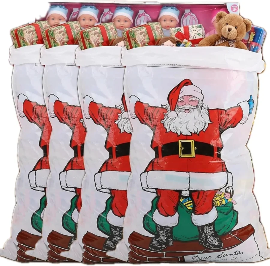 Pack of 4 plastic giant Santa sacks with Santa design, 75 cm