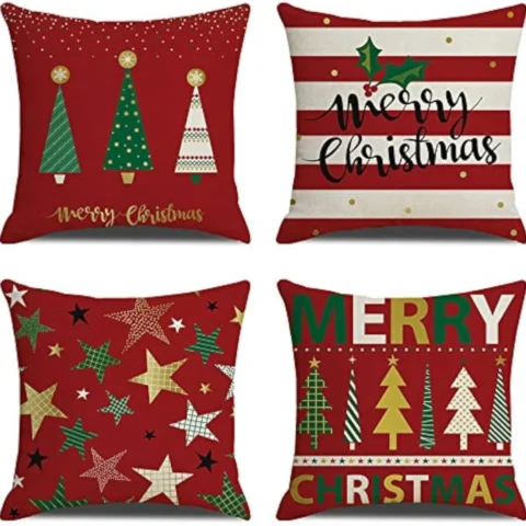Pack of 4 red Christmas tree cushion covers, cotton linen, 18 x 18 in