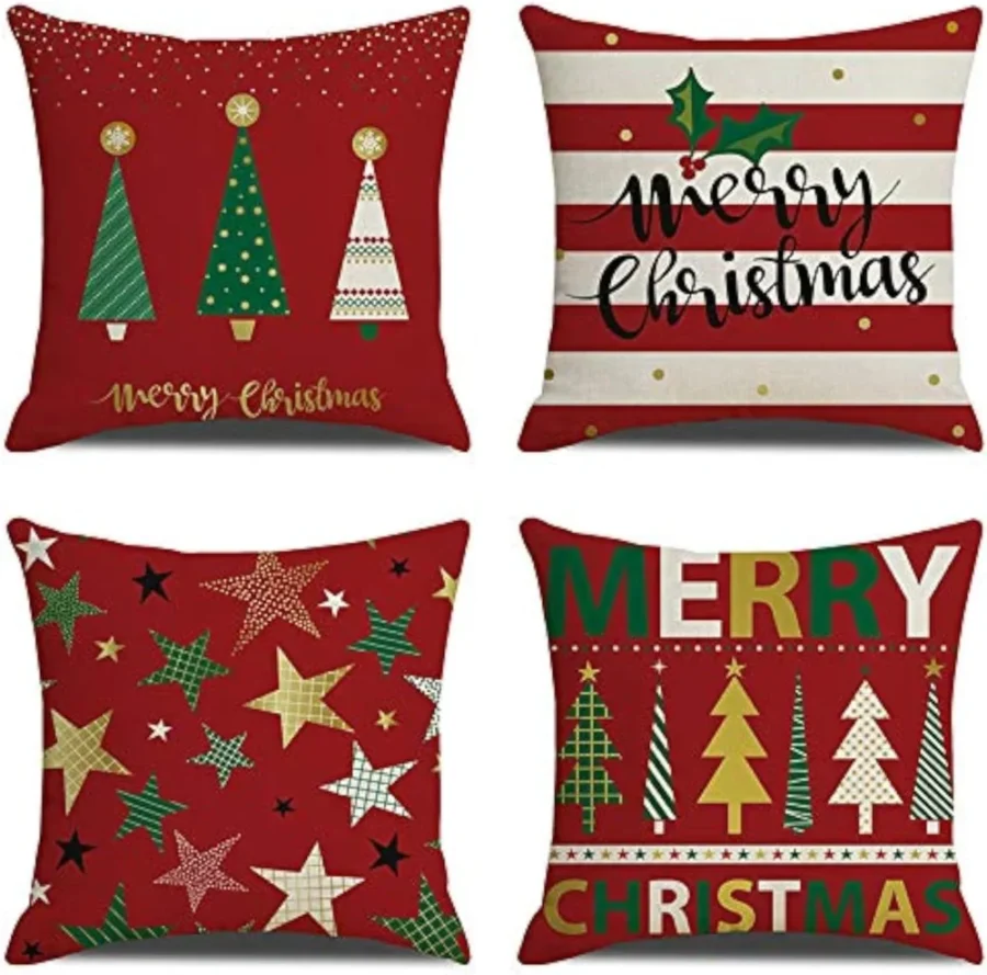 Pack of 4 red Christmas tree cushion covers, cotton linen, 18 x 18 in
