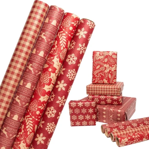 Pack of 4 red kraft Christmas wrapping paper rolls, 44 cm x 3 m each