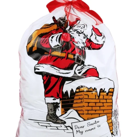 Pack of 4 red polythene Santa sacks with name space, 75 x 50 cm