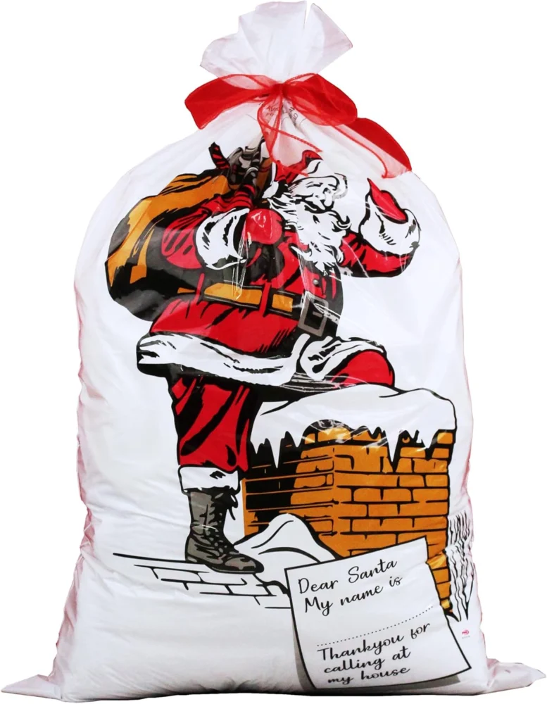 Pack of 4 red polythene Santa sacks with name space, 75 x 50 cm