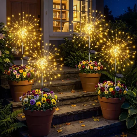 Pack of 4 solar firework lights, 120 LEDs, ground stakes, 8 modes