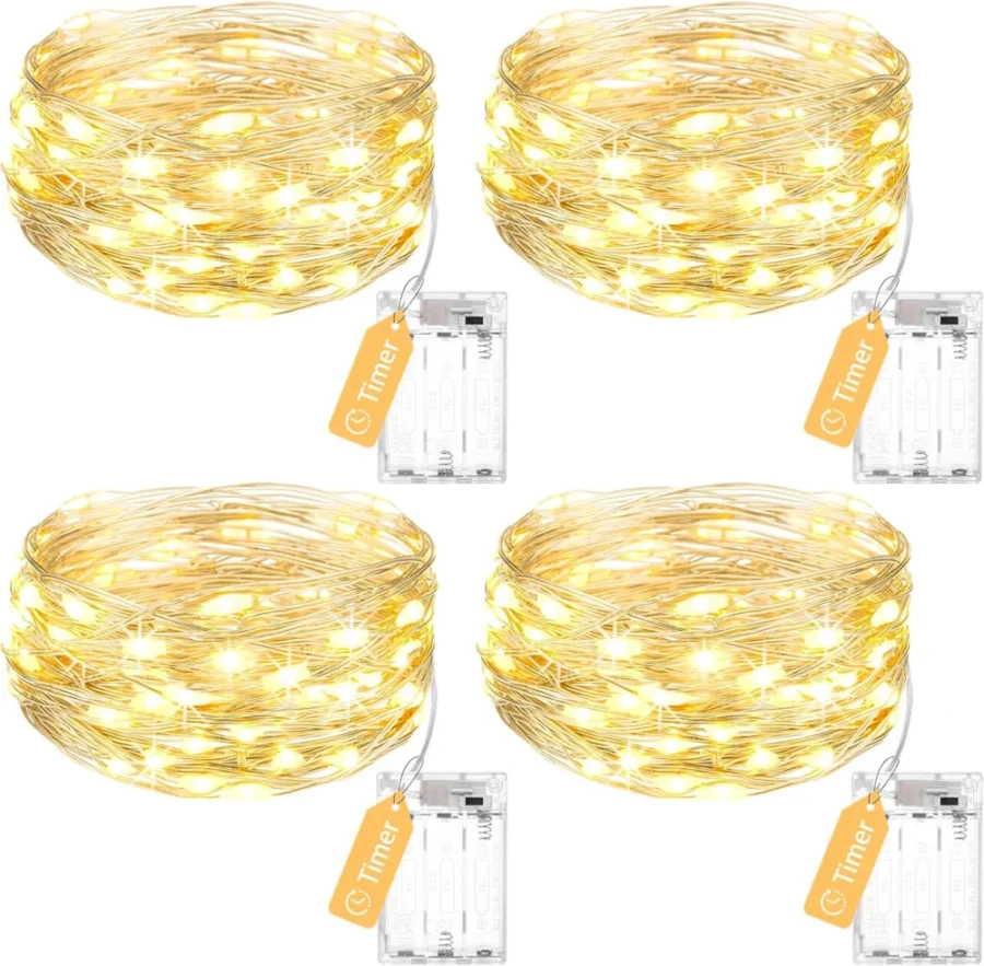 Pack of 4 timer fairy lights, 50 LEDs on 5 m copper wire each
