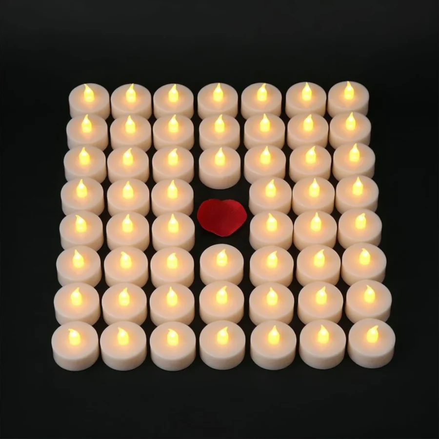 Pack of 48 amber flickering LED tea lights, sliding switch, 3 cm