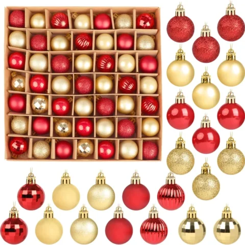 Pack of 49 mini baubles in red and gold, shatterproof plastic