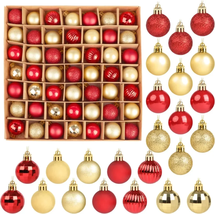 Pack of 49 mini baubles in red and gold, shatterproof plastic