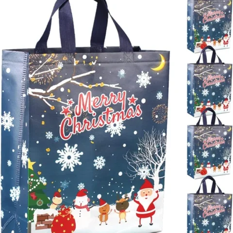 Pack of 5 navy blue non-woven Christmas tote bags, 30 x 12 x 40 cm