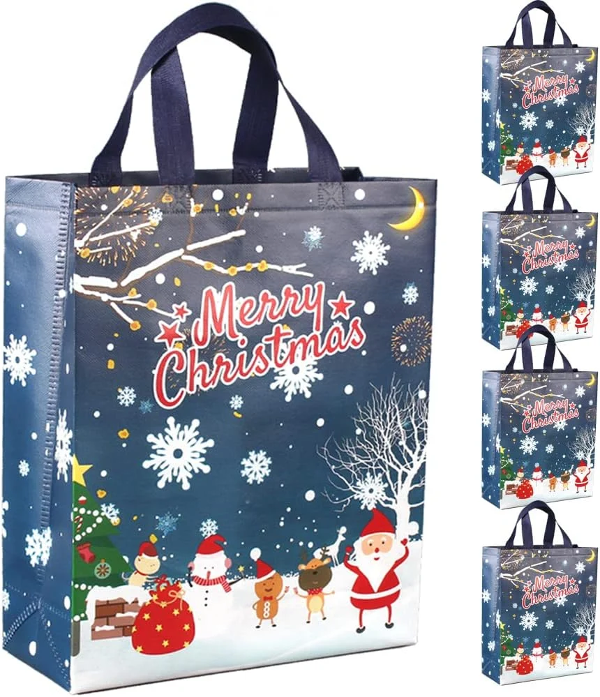 Pack of 5 navy blue non-woven Christmas tote bags, 30 x 12 x 40 cm