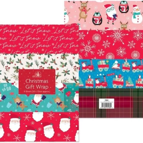 Pack of 8 Christmas wrapping paper sheets in 8 designs, 70 x 50 cm