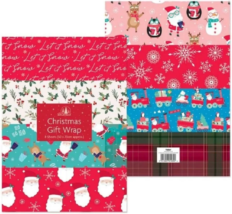 Pack of 8 Christmas wrapping paper sheets in 8 designs, 70 x 50 cm
