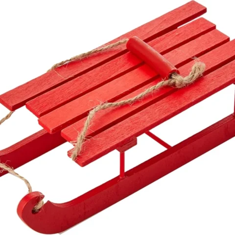 Painted red wooden elf sleigh, 17.5 x 7 x 4.5 cm, sleigh only