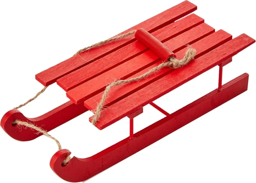 Painted red wooden elf sleigh, 17.5 x 7 x 4.5 cm, sleigh only