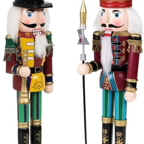 Pair of 30 cm pine nutcracker soldiers, trumpet and spear