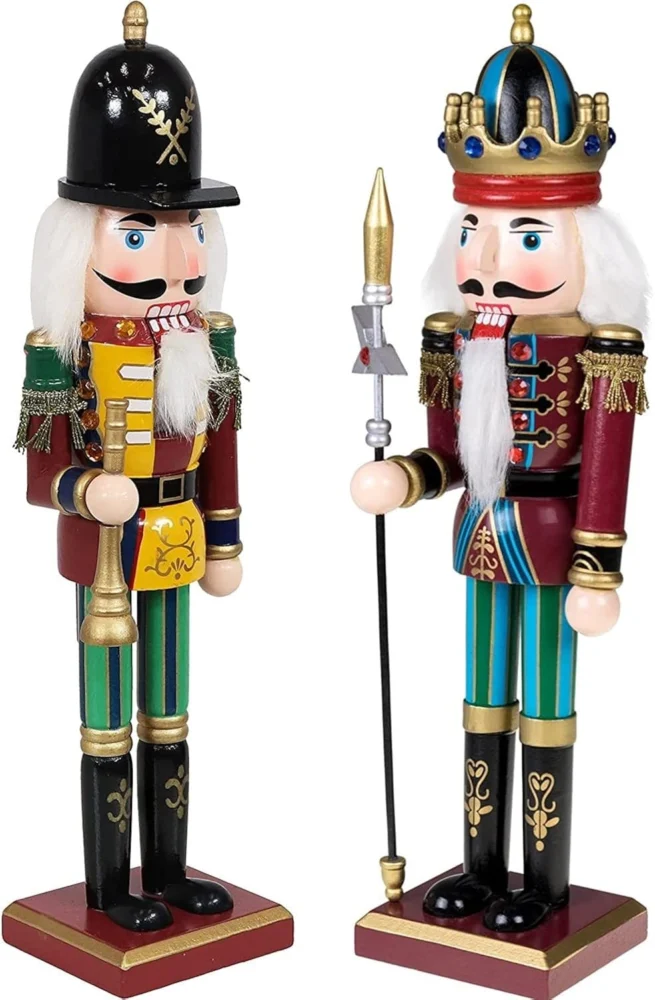 Pair of 30 cm pine nutcracker soldiers, trumpet and spear