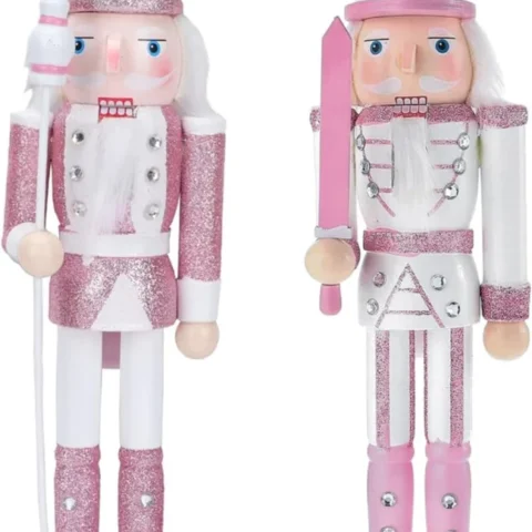 Pair of 30 cm pink wooden nutcracker king figures, hand-painted