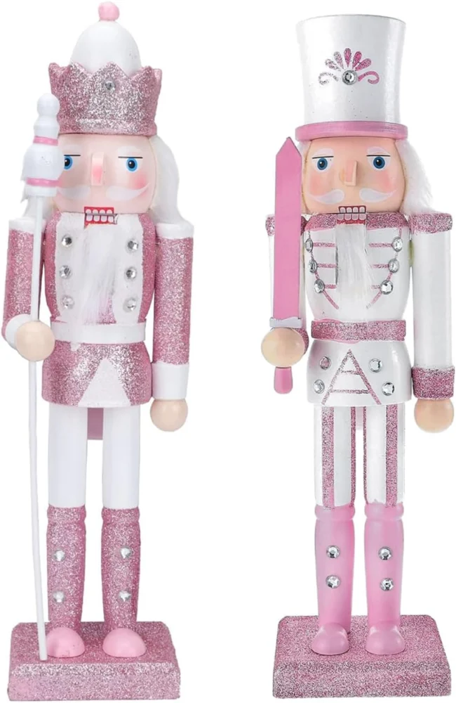 Pair of 30 cm pink wooden nutcracker king figures, hand-painted
