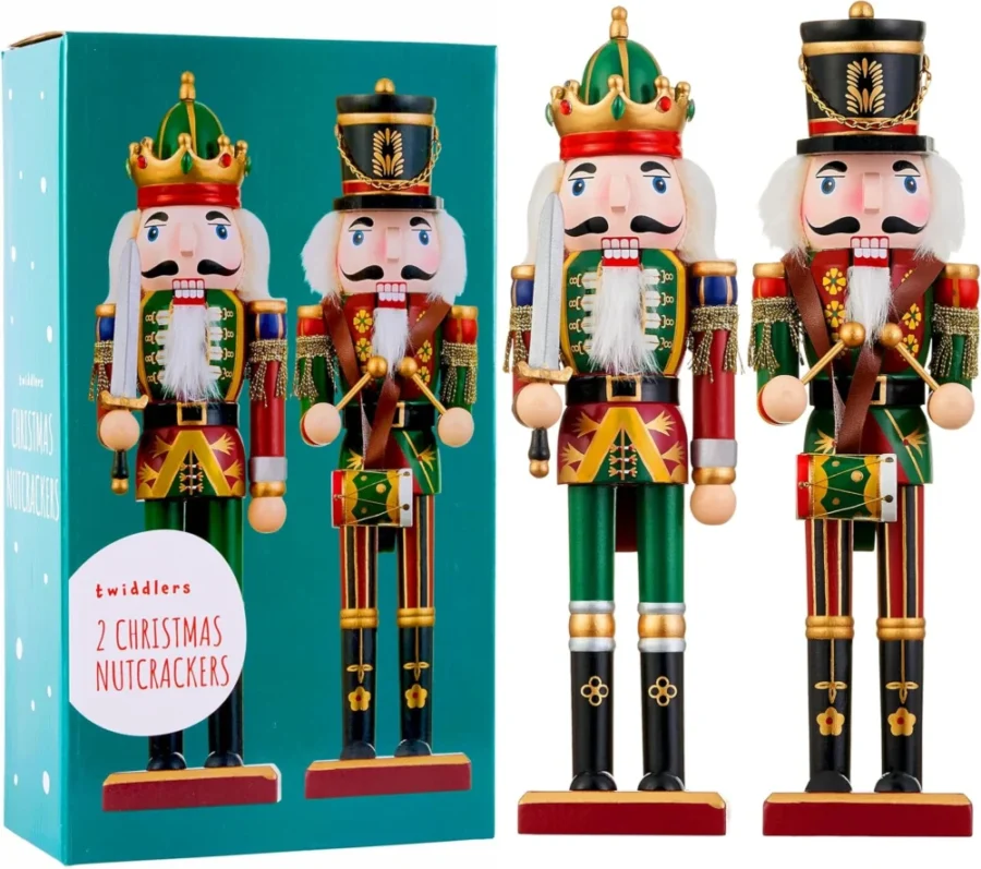 Pair of 30 cm wooden nutcracker soldiers in red and green